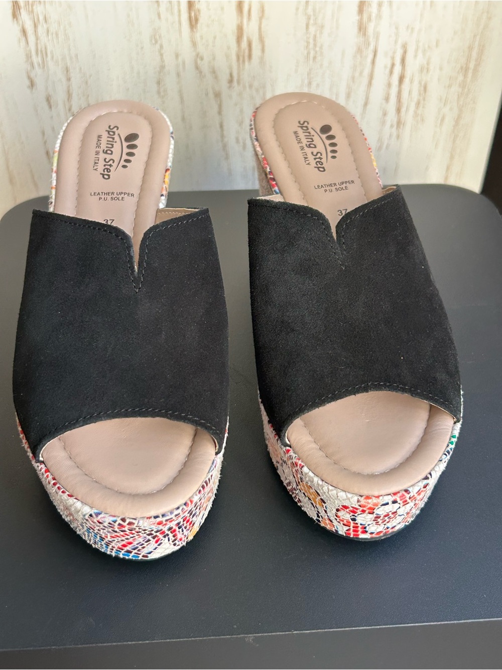 Spring Step Black Suede Open-Toe Platform Mules with Multicolor Patterned Wedge